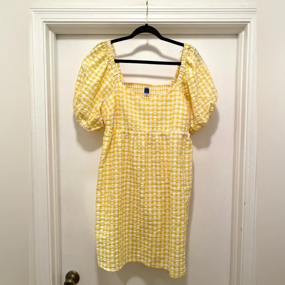 Old Navy Fit & Flare Puff-Sleeve Seersucker Gingham Mini Dress SZ Med NWT yellow - Picture 3 of 12
